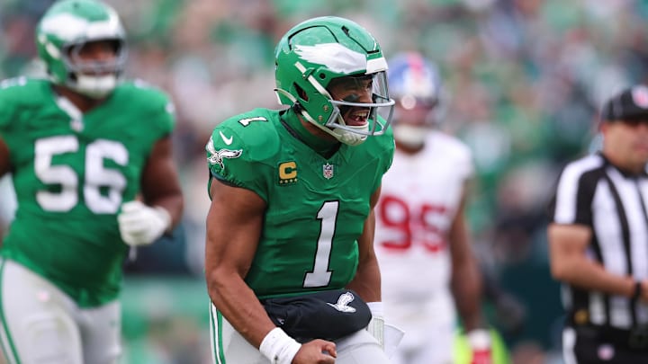 Oct 26, 2025; Philadelphia, Pennsylvania, USA; Philadelphia Eagles quarterback Jalen Hurts (1) reacts after his touchdown pass against the New York Giants during the fourth quarter at Lincoln Financial Field. Mandatory Credit: Bill Streicher-Imagn Images Oct 26, 2025; Philadelphia, Pennsylvania, USA; Philadelphia Eagles quarterback Jalen Hurts (1) reacts after his touchdown pass against the New York Giants during the fourth quarter at Lincoln Financial Field. Mandatory Credit: Bill Streicher-Imagn Images