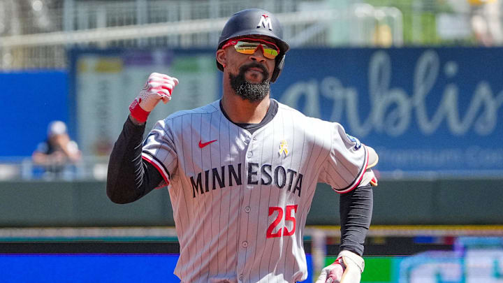 Sep 7, 2025; Kansas City, Missouri, USA; Minnesota Twins center fielder Byron Buxton (25) celebrates while running the bases after hitting a solo home run against the Kansas City Royals during the first inning at Kauffman Stadium. Mandatory Credit: Denny Medley-Imagn Images