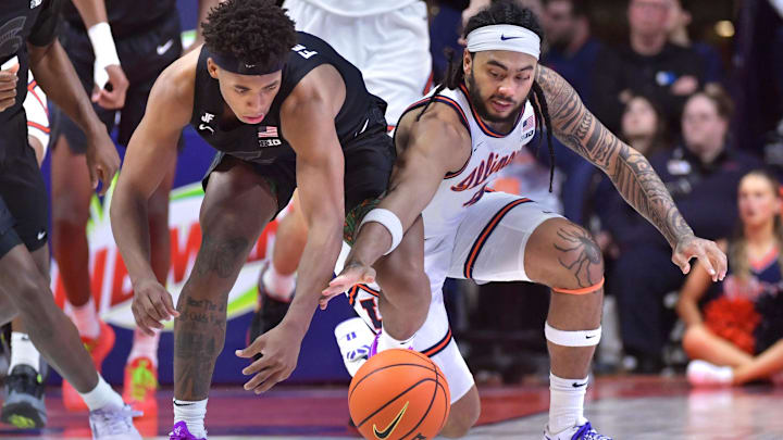 Feb 15, 2025; Champaign, Illinois, USA; Michigan State Spartans guard Jefremy Fears Jr. (1) and Illinois Fighting Illini guard Kylan Boswell (4) go to the floor for a loose ball during the second half at State Farm Center. Mandatory Credit: Ron Johnson-Imagn Images Feb 15, 2025; Champaign, Illinois, USA; Michigan State Spartans guard Jefremy Fears Jr. (1) and Illinois Fighting Illini guard Kylan Boswell (4) go to the floor for a loose ball during the second half at State Farm Center. Mandatory Credit: Ron Johnson-Imagn Images