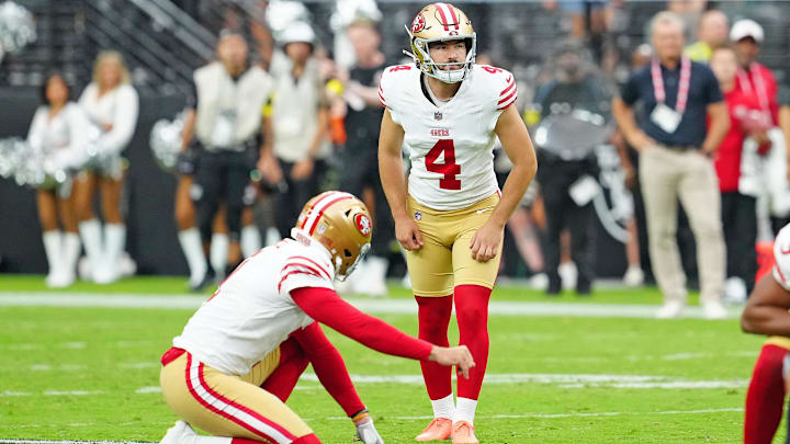 Aug 16, 2025; Paradise, Nevada, USA; San Francisco 49ers place kicker Jake Moody (4) prepares to attempt a field goal against the Las Vegas Raiders near the end of regulation at Allegiant Stadium. Mandatory Credit: Stephen R. Sylvanie-Imagn Images Aug 16, 2025; Paradise, Nevada, USA; San Francisco 49ers place kicker Jake Moody (4) prepares to attempt a field goal against the Las Vegas Raiders near the end of regulation at Allegiant Stadium. Mandatory Credit: Stephen R. Sylvanie-Imagn Images