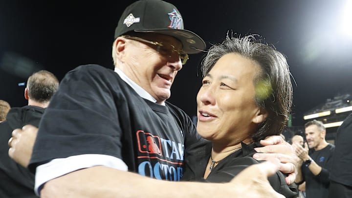  Miami Marlins owner Bruce Sherman (left) and general manager Kim Ng.