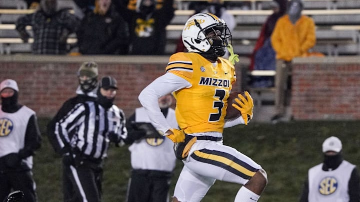 Nov 19, 2022; Columbia, Missouri, USA; Missouri Tigers wide receiver Luther Burden III (3) runs the ball against the New Mexico State Aggies during the game at Faurot Field at Memorial Stadium. Mandatory Credit: Denny Medley-Imagn Images