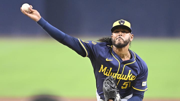 Sep 22, 2025; San Diego, California, USA; Milwaukee Brewers starting pitcher Freddy Peralta (51) delivers during the first inning against the San Diego Padres at Petco Park. Mandatory Credit: Denis Poroy-Imagn Images Sep 22, 2025; San Diego, California, USA; Milwaukee Brewers starting pitcher Freddy Peralta (51) delivers during the first inning against the San Diego Padres at Petco Park. Mandatory Credit: Denis Poroy-Imagn Images