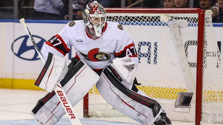 Mar 23, 2026; New York, New York, USA; Ottawa Senators goaltender James Reimer (47) at Madison Square Garden. Mandatory Credit: Wendell Cruz-Imagn Images Mar 23, 2026; New York, New York, USA; Ottawa Senators goaltender James Reimer (47) at Madison Square Garden. Mandatory Credit: Wendell Cruz-Imagn Images