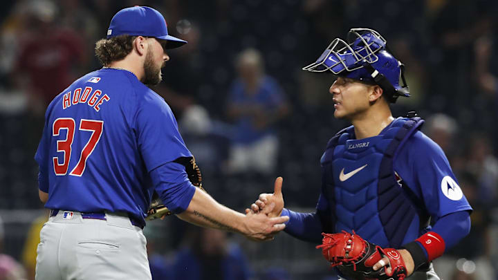 Aug 27, 2024; Pittsburgh, Pennsylvania, USA; Chicago Cubs relief pitcher Porter Hodge (37) and catcher Miguel Amaya (9) shake hands after defeating the Pittsburgh Pirates at PNC Park.Chicago won 9-5 Aug 27, 2024; Pittsburgh, Pennsylvania, USA; Chicago Cubs relief pitcher Porter Hodge (37) and catcher Miguel Amaya (9) shake hands after defeating the Pittsburgh Pirates at PNC Park.Chicago won 9-5