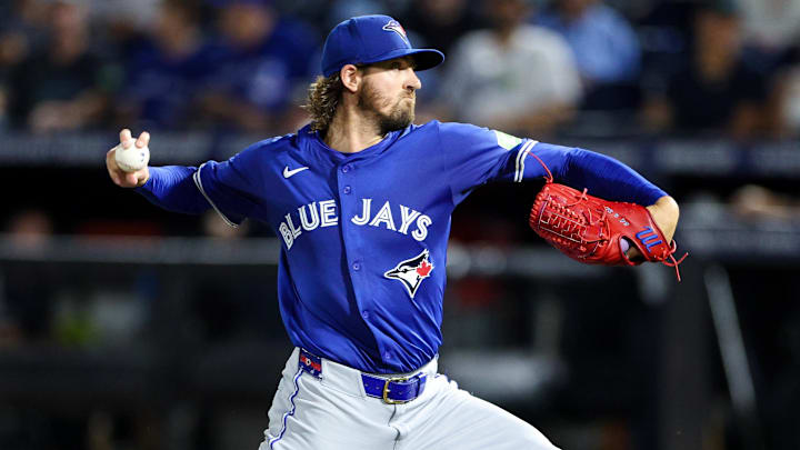 Sep 17, 2025; Tampa, Florida, USA; Toronto Blue Jays starting pitcher Kevin Gausman (34) throws a pitch against the Tampa Bay Rays in the first inning at George M. Steinbrenner Field. Mandatory Credit: Nathan Ray Seebeck-Imagn Images