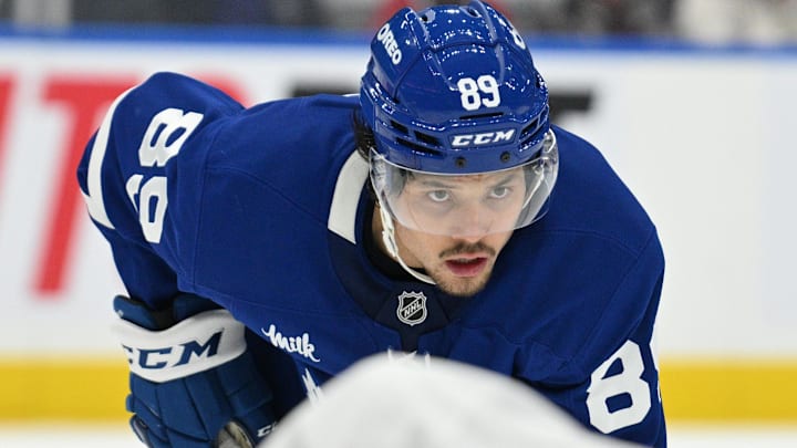 Sep 26, 2024; Toronto, Ontario, CAN;  Toronto Maple Leafs forward Nick Robertson (89) prepares for a faceoff against the Montreal Canadiens in the third period at Scotiabank Arena. Mandatory Credit: Dan Hamilton-Imagn Images