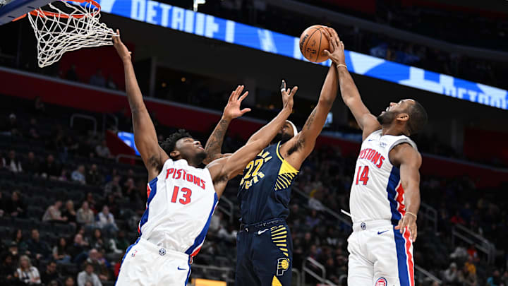 Dec 11, 2023; Detroit, Michigan, USA;  Indiana Pacers forward Isaiah Jackson (22) (center) gets