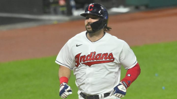 Aug 25, 2021; Cleveland, Ohio, USA; Cleveland Indians catcher Austin Hedges (17) rounds the bases on his solo home run in the fifth inning against the Texas Rangers at Progressive Field. Mandatory Credit: David Richard-Imagn Images