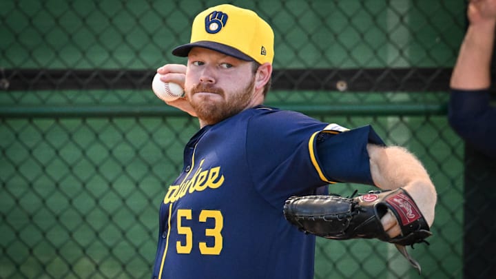 Milwaukee Brewers pitcher Brandon Woodruff (53) throws in the bullpen during spring training workouts on Tuesday, February 18, 2025, at American Family Fields in Phoenix, Ariz.
