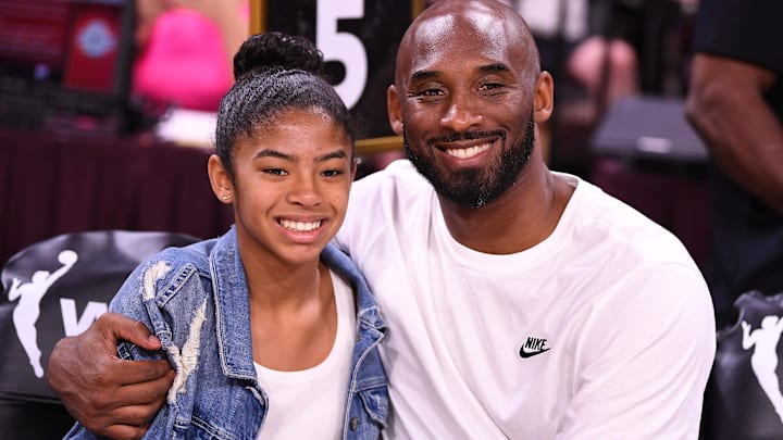 Kobe Bryant is pictured with his daughter Gianna at the WNBA All Star Game at Mandalay Bay Events Center.