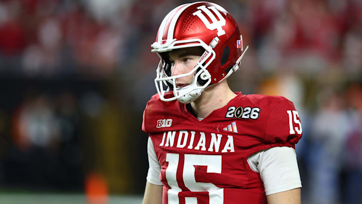 Jan 19, 2026; Miami Gardens, FL, USA; Indiana Hoosiers quarterback Fernando Mendoza (15)  in the second half during the College Football Playoff National Championship game at Hard Rock Stadium.