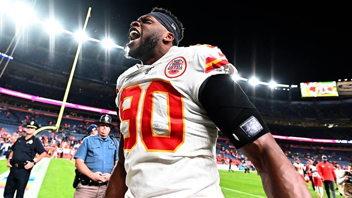 Oct 17, 2019; Denver, CO, USA; Kansas City Chiefs defensive end Emmanuel Ogbah (90) reacts following the win over the Denver Broncos at Empower Field at Mile High. Mandatory Credit: Ron Chenoy-USA TODAY Sports