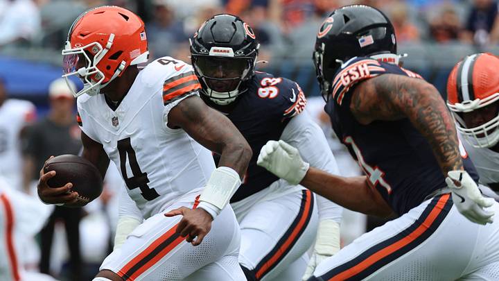 Cleveland Browns quarterback Deshaun Watson (4) rushes the ball past Chicago Bears defensive tackle Kentavius Street (93) during the first half at Soldier Field. Mandatory Credit: Mike Dinovo-Imagn Images Cleveland Browns quarterback Deshaun Watson (4) rushes the ball past Chicago Bears defensive tackle Kentavius Street (93) during the first half at Soldier Field. Mandatory Credit: Mike Dinovo-Imagn Images