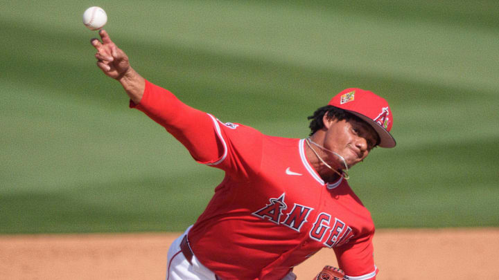 Feb 24, 2026; Tempe, Arizona, USA; Los Angeles Angels pitcher Joel Hurtado (72) pitches in the sixth inning against the San Francisco Giants during a spring training game at Tempe Diablo Stadium. Mandatory Credit: Allan Henry-Imagn Images Feb 24, 2026; Tempe, Arizona, USA; Los Angeles Angels pitcher Joel Hurtado (72) pitches in the sixth inning against the San Francisco Giants during a spring training game at Tempe Diablo Stadium. Mandatory Credit: Allan Henry-Imagn Images
