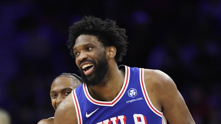 Jan 27, 2026; Philadelphia, Pennsylvania, USA; Philadelphia 76ers center Joel Embiid (21) celebrates with guard Tyrese Maxey (0) after their alley oop dunk connection against the Milwaukee Bucks during the second quarter at Xfinity Mobile Arena. Mandatory Credit: Bill Streicher-Imagn Images Jan 27, 2026; Philadelphia, Pennsylvania, USA; Philadelphia 76ers center Joel Embiid (21) celebrates with guard Tyrese Maxey (0) after their alley oop dunk connection against the Milwaukee Bucks during the second quarter at Xfinity Mobile Arena. Mandatory Credit: Bill Streicher-Imagn Images