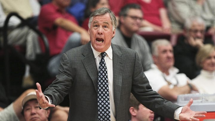 Jan 19, 2013; Stanford, CA, USA; California Golden Bears head coach Mike Montgomery calls out to the referee against the Stanford Cardinal during the second half at Maples Pavilion. The Stanford Cardinal defeated the California Golden Bears 69-59. Mandatory Credit: Kelley L Cox-Imagn Images Jan 19, 2013; Stanford, CA, USA; California Golden Bears head coach Mike Montgomery calls out to the referee against the Stanford Cardinal during the second half at Maples Pavilion. The Stanford Cardinal defeated the California Golden Bears 69-59. Mandatory Credit: Kelley L Cox-Imagn Images