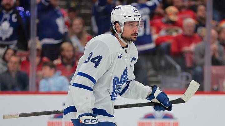 May 16, 2025; Sunrise, Florida, USA; Toronto Maple Leafs center Auston Matthews (34) looks on after scoring against the Florida Panthers during the third period in game six of the second round of the 2025 Stanley Cup Playoffs at Amerant Bank Arena. Mandatory Credit: Sam Navarro-Imagn Images May 16, 2025; Sunrise, Florida, USA; Toronto Maple Leafs center Auston Matthews (34) looks on after scoring against the Florida Panthers during the third period in game six of the second round of the 2025 Stanley Cup Playoffs at Amerant Bank Arena. Mandatory Credit: Sam Navarro-Imagn Images