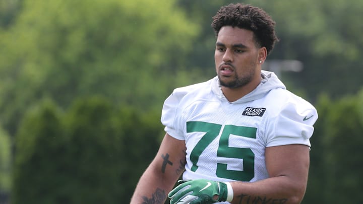 Offensive lineman Alijah Vera-Tucker as the New York Jets participate in OTA s at their practice facility in Florham Park, NJ on June 10, 2021. Offensive lineman Alijah Vera-Tucker as the New York Jets participate in OTA s at their practice facility in Florham Park, NJ on June 10, 2021.