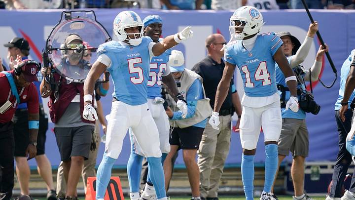 Tennessee Titans wide receiver Elic Ayomanor (5) celebrates a first down during the fourth quarter against the Philadelphia Eagles at Nissan Stadium in Nashville, Tenn., Sunday, Sept. 20, 2026.