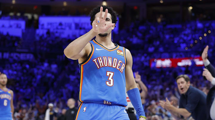 Mar 9, 2026; Oklahoma City, Oklahoma, USA; Oklahoma City Thunder guard Jared McCain (3) gestures after scoring against the Denver Nuggets during the second half at Paycom Center. Mandatory Credit: Alonzo Adams-Imagn Images