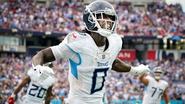 Tennessee Titans wide receiver Calvin Ridley (0) celebrates after scoring a touchdown against the New York Jets at Nissan Stadium in Nashville on Sept. 15, 2024. The Titans lost their home opener 24-17.