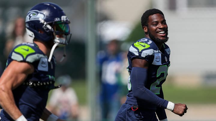 Seattle Seahawks cornerback Devon Witherspoon (21) runs between drills during a joint practice with the Green Bay Packers on Thursday, August 21, 2025, at Clarke Hinkle Field in Ashwaubenon, Wis.
Tork Mason/USA TODAY NETWORK-Wisconsin