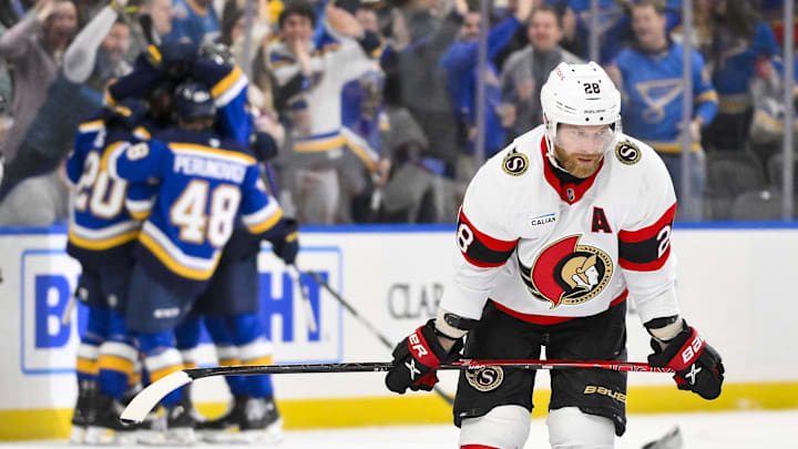 Jan 3, 2025; St. Louis, Missouri, USA;  Ottawa Senators right wing Claude Giroux (28) looks on after St. Louis Blues left wing Brandon Saad (20) scored his third goal of the game for a hat trick during the third period at Enterprise Center. Mandatory Credit: Jeff Curry-Imagn Images