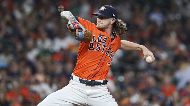 Sep 20, 2024; Houston, Texas, USA; Houston Astros relief pitcher Josh Hader (71) delivers a pitch during the ninth inning against the Los Angeles Angels at Minute Maid Park.