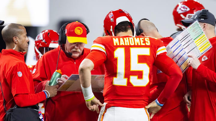 Feb 11, 2024; Paradise, Nevada, USA; Kansas City Chiefs head coach Andy Reid with quarterback Patrick Mahomes (15) against the San Francisco 49ers during Super Bowl LVIII at Allegiant Stadium. Mandatory Credit: Mark J. Rebilas-Imagn Images