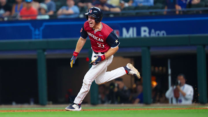 Jul 13, 2024; Arlington, TX, USA; American League Future  infielder Marcelo Mayer (10) reacts while running to second base with a double during the game against the American League Future team during the Major league All-Star Futures game at Globe Life Field.  Mandatory Credit: Kevin Jairaj-Imagn Images