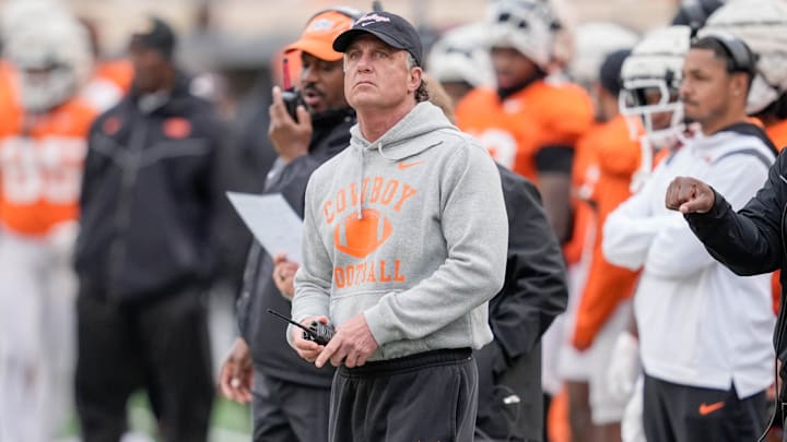 Head coach Mike Gundy looks at the score board during an Oklahoma State spring football showcase at Boone Pickens Stadium in Stillwater, Okla., Saturday, April 19, 2025. Head coach Mike Gundy looks at the score board during an Oklahoma State spring football showcase at Boone Pickens Stadium in Stillwater, Okla., Saturday, April 19, 2025.