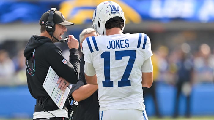 Oct 19, 2025; Inglewood, California, USA; Indianapolis Colts quarterback Daniel Jones (17) speaks with head coach Shane Steichen in the first quarter against the Los Angeles Chargers at SoFi Stadium. Mandatory Credit: Jayne Kamin-Oncea-Imagn Images