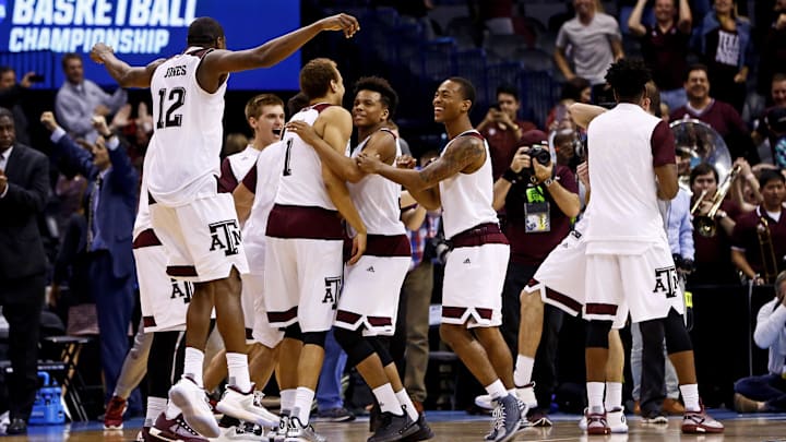 Texas A&M Aggies players celebrate the victory against the Northern Iowa Panthers after the game in the second round of the 2016 NCAA Tournament at Chesapeake Energy Arena.