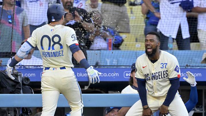 Jul 20, 2024; Los Angeles, California, USA; Los Angeles Dodgers third baseman Enrique Hernandez (8) celebrates with right fielder Teoscar Hernandez (37) after hitting a two-run home run in the seventh inning against the Boston Red Sox at Dodger Stadium. Mandatory Credit: Jayne Kamin-Oncea-Imagn Images Jul 20, 2024; Los Angeles, California, USA; Los Angeles Dodgers third baseman Enrique Hernandez (8) celebrates with right fielder Teoscar Hernandez (37) after hitting a two-run home run in the seventh inning against the Boston Red Sox at Dodger Stadium. Mandatory Credit: Jayne Kamin-Oncea-Imagn Images