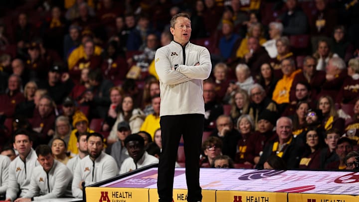 Dec 14, 2025; Minneapolis, Minnesota, USA; Minnesota Golden Gophers head coach Niko Medved looks on during the second half against the Texas Southern Tigers at Williams Arena. Mandatory Credit: Matt Krohn-Imagn Images Dec 14, 2025; Minneapolis, Minnesota, USA; Minnesota Golden Gophers head coach Niko Medved looks on during the second half against the Texas Southern Tigers at Williams Arena. Mandatory Credit: Matt Krohn-Imagn Images