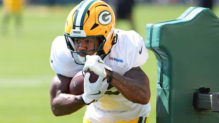 Green Bay Packers running back Josh Jacobs (8) participates in a drill during the fifth day of training camp on Aug. 3, 2026, at Ray Nitschke Field in Ashwaubenon, Wis. Green Bay Packers running back Josh Jacobs (8) participates in a drill during the fifth day of training camp on Aug. 3, 2026, at Ray Nitschke Field in Ashwaubenon, Wis.