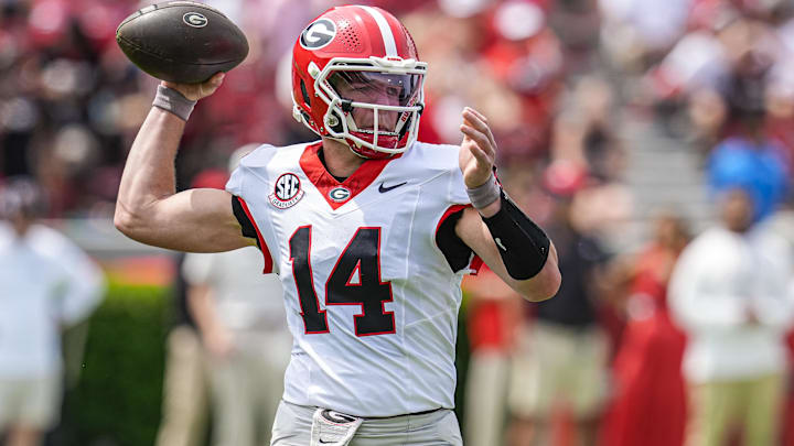 Apr 18, 2026; Athens, GA, USA; Georgia Bulldogs quarterback Gunner Stockton (14) passes the ball during the Georgia Spring football game at Sanford Stadium. Mandatory Credit: Dale Zanine-Imagn Images