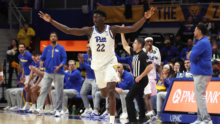 Mar 4, 2026; Pittsburgh, Pennsylvania, USA;  Pittsburgh Panthers guard Barry Dunning Jr. (22) reacts after making a three point basket against the Florida State Seminoles during the second half at the Petersen Events Center. Mandatory Credit: Charles LeClaire-Imagn Images