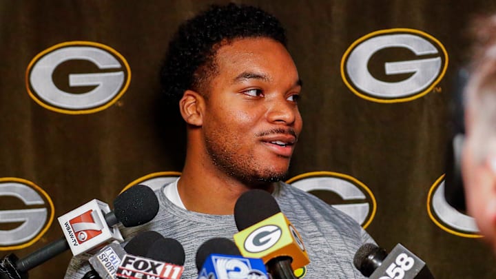 Green Bay Packers rookie linebacker Collin Oliver is interviewed by the media during rookie minicamp on Friday, May 2, 2025, at Lambeau Field in Green Bay, Wisconsin. The Packers selected Oliver with their fifth round pick in the 2025 NFL Draft.
Tork Mason/USA TODAY NETWORK-Wisconsin