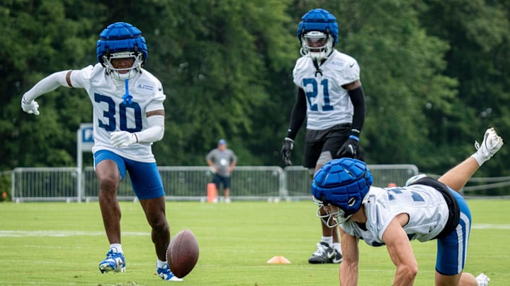 Indianapolis Colts safety Michael Tutsie (38) falls while running a drill Sunday, July 28, 2024, during the Indianapolis Colts’ training camp at Grand Park Sports Complex in Westfield. Indianapolis Colts safety Michael Tutsie (38) falls while running a drill Sunday, July 28, 2024, during the Indianapolis Colts’ training camp at Grand Park Sports Complex in Westfield.