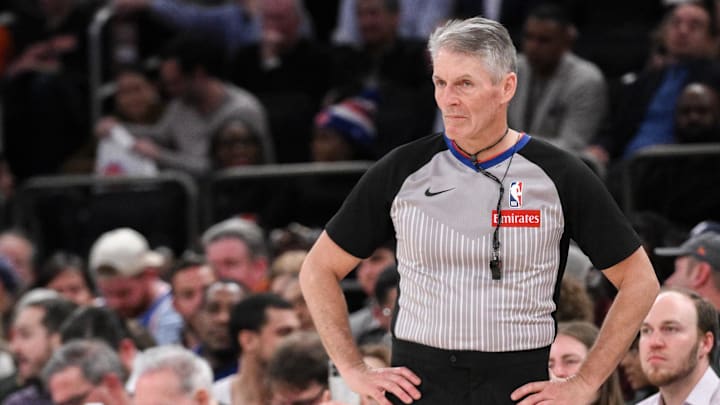 Dec 5, 2024; New York, New York, USA; Referee Scott Foster (48) during the second half of a game between the New York Knicks and the Charlotte Hornets at Madison Square Garden. Mandatory Credit: John Jones-Imagn Images