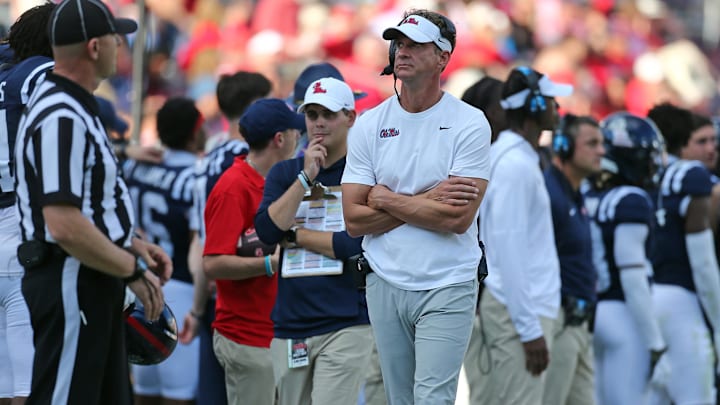 Nov 8, 2025; Oxford, Mississippi, USA; Mississippi Rebels head coach Lane Kiffin walks the sideline during the fourth quarter against The Citadel Bulldogs at Vaught-Hemingway Stadium. Mandatory Credit: Petre Thomas-Imagn Images