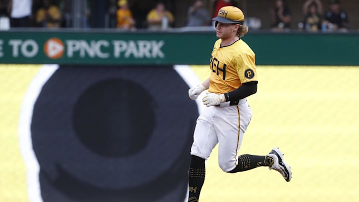 Jul 5, 2024; Pittsburgh, Pennsylvania, USA;  Pittsburgh Pirates left fielder Jack Suwinski (65) circles the bases on a solo home run against the New York Mets during the fourth inning at PNC Park. Mandatory Credit: Charles LeClaire-Imagn Images