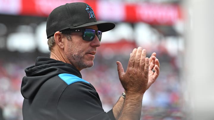 Apr 20, 2025; Philadelphia, Pennsylvania, USA; Miami Marlins manager Clayton McCullough (86) during the fourth inning against the Philadelphia Phillies at Citizens Bank Park. Mandatory Credit: Eric Hartline-Imagn Images Apr 20, 2025; Philadelphia, Pennsylvania, USA; Miami Marlins manager Clayton McCullough (86) during the fourth inning against the Philadelphia Phillies at Citizens Bank Park. Mandatory Credit: Eric Hartline-Imagn Images
