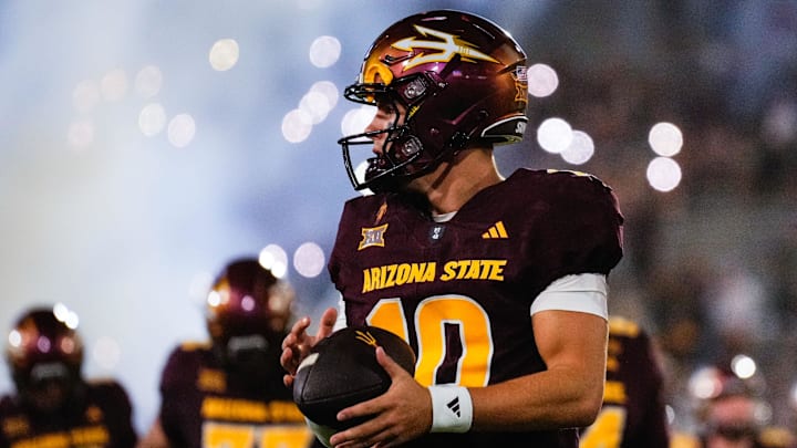 Sep 13, 2025; Tempe, Arizona, USA; Arizona State Sun Devils quarterback Sam Leavitt (10) pregame against Texas State Bobcats at Mountain America Stadium. Mandatory Credit: Arianna Grainey-Imagn Images