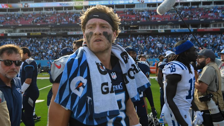 Oct 13, 2024; Nashville, Tennessee, USA; Tennessee Titans Will Levis (8) against the Indianapolis Colts during post game at Nissan Stadium. Mandatory Credit: Steve Roberts-Imagn Images Oct 13, 2024; Nashville, Tennessee, USA; Tennessee Titans Will Levis (8) against the Indianapolis Colts during post game at Nissan Stadium. Mandatory Credit: Steve Roberts-Imagn Images