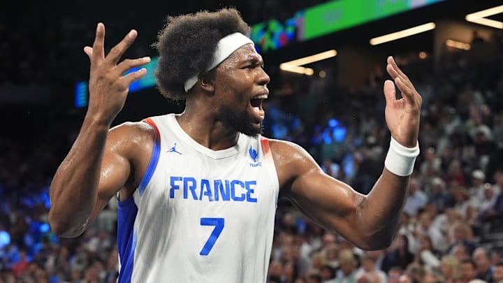 Aug 8, 2024; Paris, France; France power forward Guerschon Yabusele (7) reacts during the second half against Germany in a men's basketball semifinal game during the Paris 2024 Olympic Summer Games at Accor Arena. Mandatory Credit: Rob Schumacher-Imagn Images