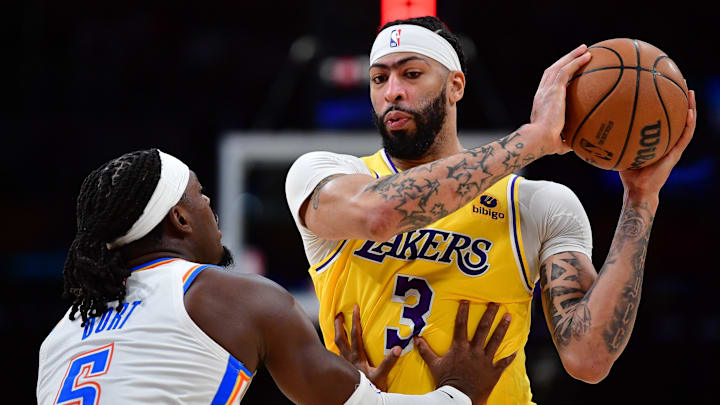 Mar 4, 2024; Los Angeles, California, USA; Los Angeles Lakers forward Anthony Davis (3) controls the