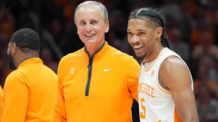 Tennessee head coach Rick Barnes and Tennessee's Zakai Zeigler (5) during Senior Day presentations after a men’s college basketball game between Tennessee and South Carolina at Thompson-Boling Arena at Food City Center, Saturday, March 8, 2025. Tennessee head coach Rick Barnes and Tennessee's Zakai Zeigler (5) during Senior Day presentations after a men’s college basketball game between Tennessee and South Carolina at Thompson-Boling Arena at Food City Center, Saturday, March 8, 2025.